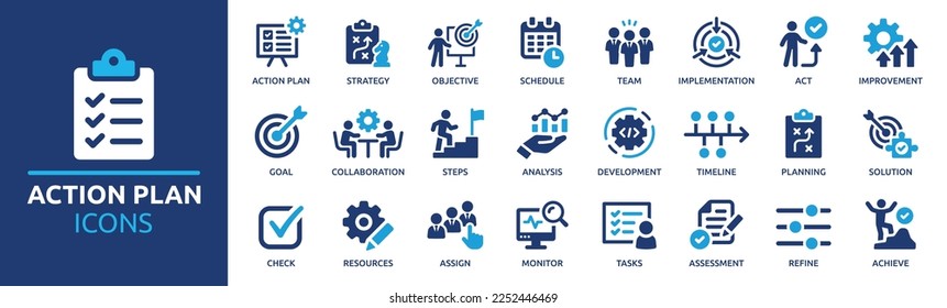 Action plan icon set. Containing planning, schedule, strategy, analysis, tasks, goal, collaboration and objective icons. Solid icon collection. - Shutterstock ID 2252446469