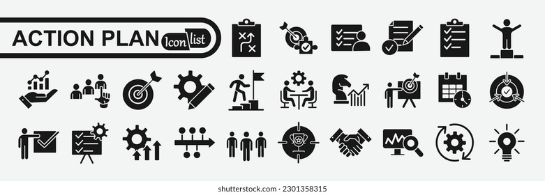 Symbol des Aktionsplans gesetzt. Mit Planung, Zeitplan, Strategie, Analyse, Aufgaben, Ziel, Zusammenarbeit und objektiven Symbolen. Kollektion von festen Symbolen.
