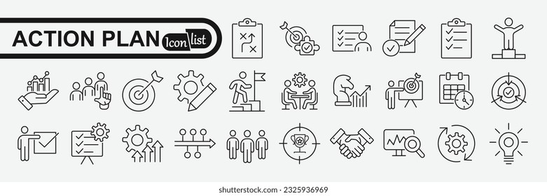 Action plan icon set. Containing planning, schedule, strategy, analysis, tasks, goal, collaboration and objective icons. Solid icon collection.

