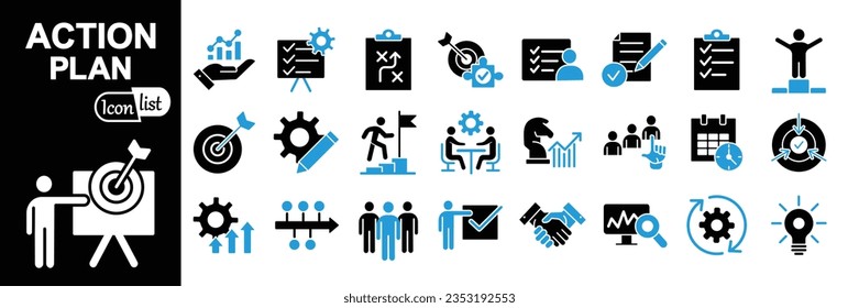 Action plan icon set. Containing planning, schedule, strategy, analysis, tasks, goal, collaboration and objective icons. Solid icon collection.