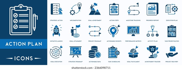 Action plan icon set. Containing planning, schedule, strategy, analysis, tasks, goal and objective icons.