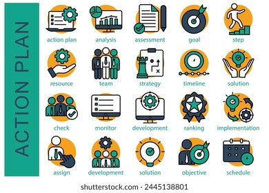 Action plan icon set. containing action plan, analysis, assessment, goal, step, resource, and more. flat line icon collection. business element vector illustration