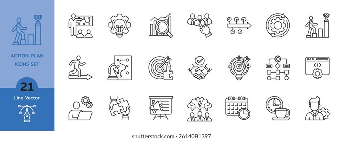 Action plan icon set. Containing planning, schedule, strategy, analysis, goal, collaboration and objective icons. Line icon collection.