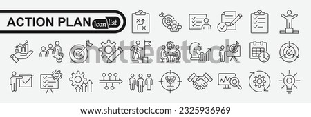 Action plan icon set. Containing planning, schedule, strategy, analysis, tasks, goal, collaboration and objective icons. Solid icon collection.

