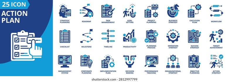 action plan icon set contains strategic planning, roadmap, task management, goal setting, project planning, business strategy, execution plan, workflow, checklist, milestone, timeline, productivity