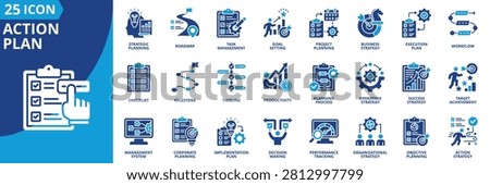 action plan icon set contains strategic planning, roadmap, task management, goal setting, project planning, business strategy, execution plan, workflow, checklist, milestone, timeline, productivity