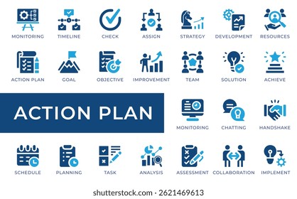 Action Plan Icon Set with editable icons for strategies, analysis, solutions, and implementation. Perfect for project management, business planning, goal setting, and teamwork.