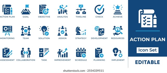 Action Plan Icon Set. Features editable icons for action plan symbols, analyses, solutions, strategies, and implementation. It is perfect for project management, business planning, and goal setting.