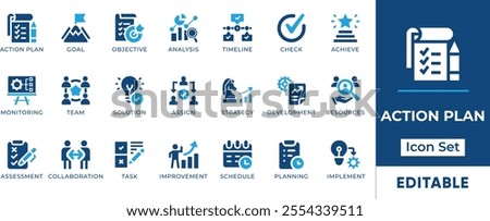 Action Plan Icon Set. Features editable icons for action plan symbols, analyses, solutions, strategies, and implementation. It is perfect for project management, business planning, and goal setting.