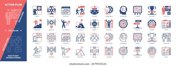 Action plan icon set. Leadership, Target, Determination, Strategy, Innovation, Teamwork, Perseverance, Motivation. Duotone color solid and editable outline icons