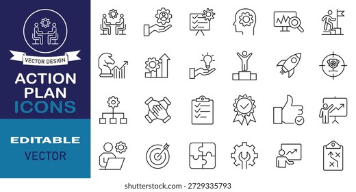 Action plan icon set symbol. Set of 24 outline icons including goal setting, task management, teamwork, business, success, management, project planning and more. Vector illustration.