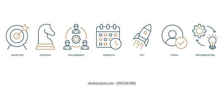 Action plan icon vector illustration banner web concept with icon of objective, strategy, collaboration, schedule, act, launch, check, and implementation