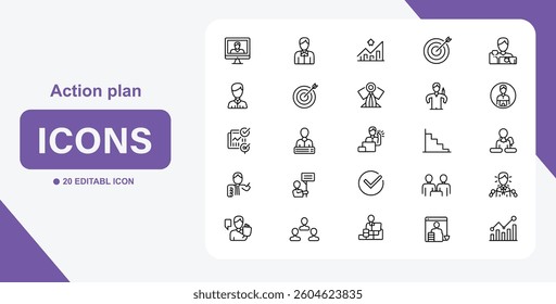 action plan icons for business strategy, management, success, target, goal, teamwork, and leadership. editable vector set for presentations and reports. enhance your designs today
