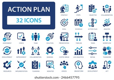 Action plan icons collection. Planning actions and processes in business operations. Planning, schedule, strategy, analysis, tasks, goal, collaboration. Simple flat vector icon.