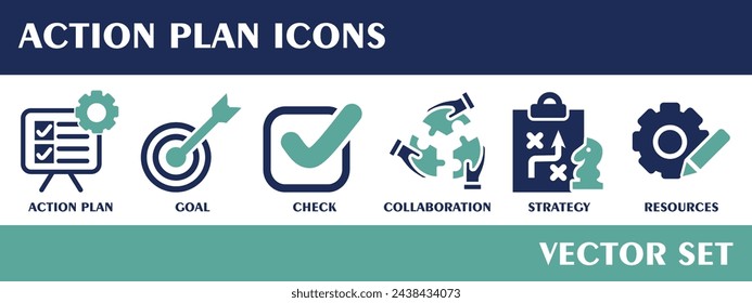 Iconos del plan de acción. Conteniendo plan de acción, meta, verificación, colaboración, estrategia, recursos. Conjunto de vectores de diseño plano.