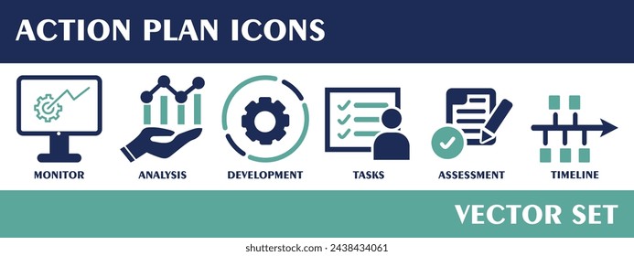 Action plan icons. Containing monitor, analysis, development, tasks, assessment, timeline. Flat design vector set.

