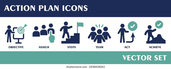 Action plan icons. Containing objective, assign, steps, team, act, achieve. Flat design vector set.

