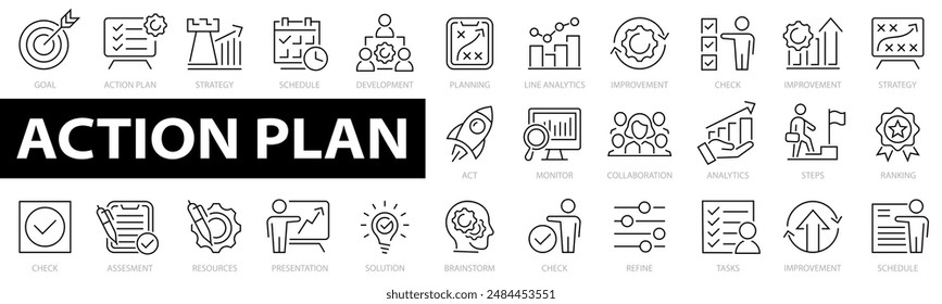 Iconos del Plan de acción. Objetivo, equipo, calendario, calendario, estrategia, colaboración, desarrollo y mucho más. Ilustración vectorial