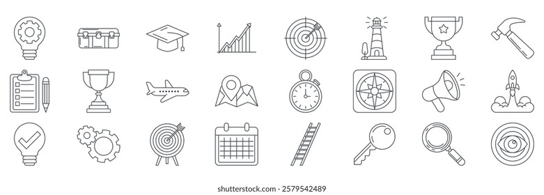 Action plan icons set, Included icons as Ladder, Magnifying Glass, Rocket Launching, Lightbulb and more symbols collection, logo isolated vector illustration