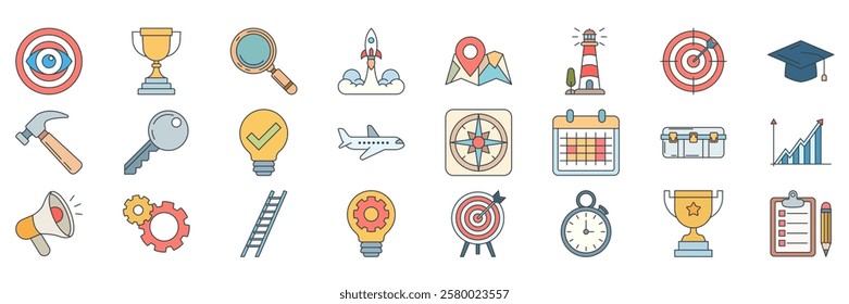 Action plan icons set, Included icons as Ladder, Magnifying Glass, Rocket Launching, Lightbulb and more symbols collection, logo isolated vector illustration