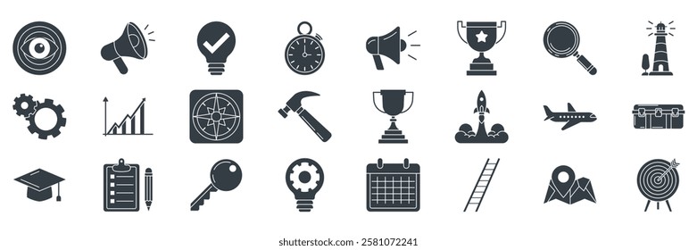 Action plan icons set, Included icons as Ladder, Magnifying Glass, Rocket Launching, Lightbulb and more symbols collection, logo isolated vector illustration