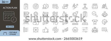 Action plan icons set. Includes icons for strategy, checklist, target, workflow, goal setting, calendar, tasks, and progress tracking. Editable stroke. Line icons. Perfect for business  infographics.