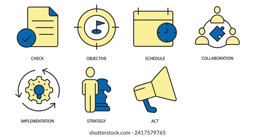 Aktionsplan-Symbole gesetzt. Aktionspaket-Symbolvektorelemente für Infografik-Web