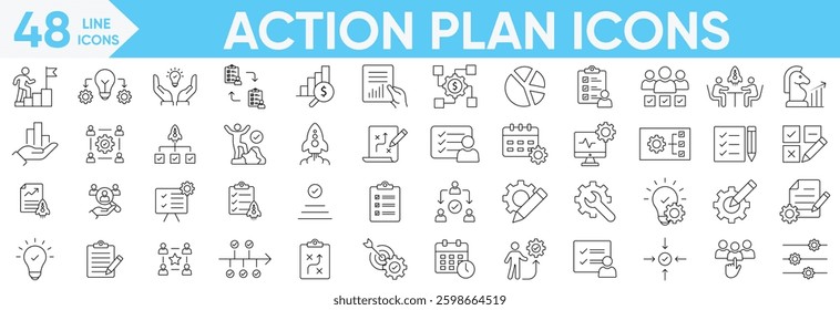 Action plan icons set.planning, strategy, analysis, goal, action, calendar, schedule, strategy, tasks, marketing, startup, solutions and more.Vector and illustrator set.
