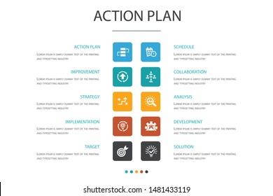 action plan  Infographic 10 option concept.improvement, strategy, implementation, analysis simple icons