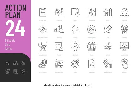 Action Plan Line Editable Icons set. Vector illustration in modern thin line style of planning related icons: schedule, strategy, goal, and more. Pictograms and infographics for mobile apps