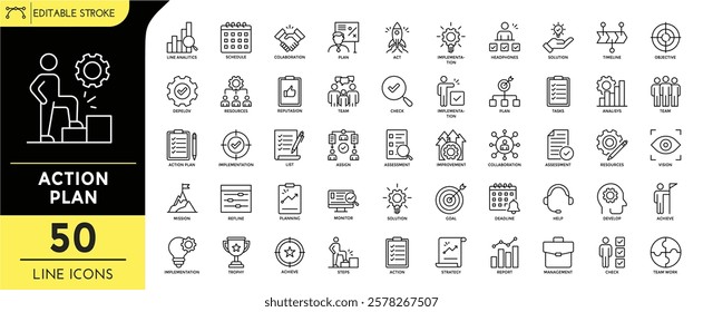 Action plan line editable icons set. Editable Stroke. line analitics, schedule, colaboration, act, resources, assign, improvement, collaboration, vision, goal, mission, and more. Vector Illustration.