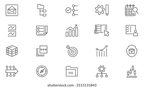 Action plan line icon collection. Task, search strategy, implementation, planning, schedule, strategy, analysis, workflow, goal, and management review icon set. UI outline icon pack