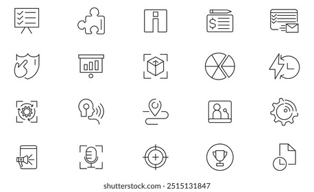 Action plan line icon collection. Task, search strategy, implementation, planning, schedule, strategy, analysis, workflow, goal, and management review icon set. UI outline icon pack
