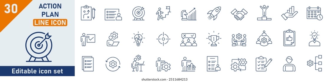 Symbolsatz für Aktionsplanzeile. Set von 30 Gliederungssymbolen, die sich auf Plan, Implementierung, Strategie, Analyse, Zusammenarbeit, Prüfung beziehen. Lineare Symbolsammlung. Sammlung von Aktionsplangliederungssymbolen.
