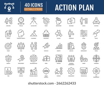 Action plan line icon set. Containing Business,
strategy, startup, steps, target and more. Editable
stroke. Vector Illustration with Editable Strokes