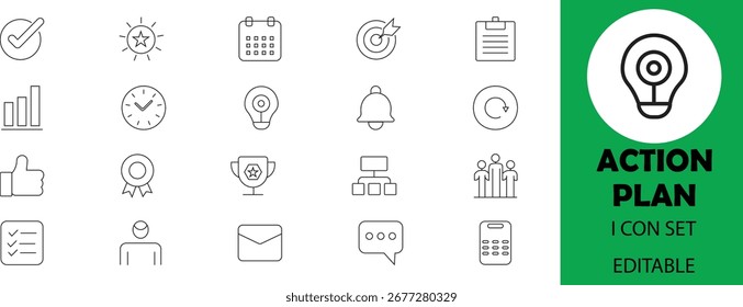 Una Ilustración vectorial de conjunto de iconos de línea de Plan de acción .
