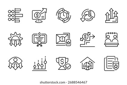 Action plan line icon set. Schedule, plan, implementation, strategy, analysis, collaboration, tasks, goal, management, timeline, workflow line icon set. UI thin line icon pack. 