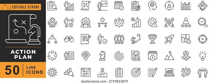 Conjunto de iconos de línea de Plan de acción. Trazo editable. Ilustración vectorial.