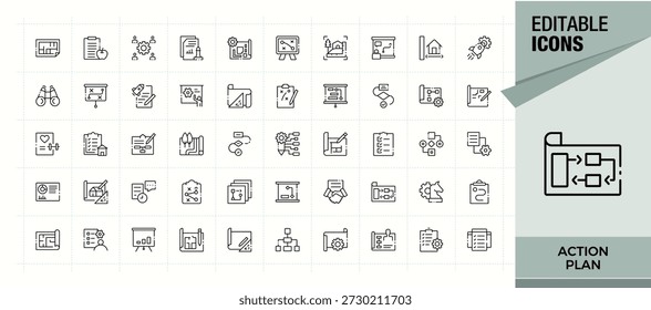 Conjunto de iconos de línea de Plan de acción. Conjunto de iconos de recursos. Conjunto de pictograma de línea.Recursos, implementación, actuar, lograr y más. Píxel perfecto. Vector editable.