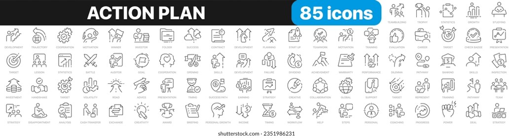 Action plan line icons collection. Business, strategy, startup, steps, target icons. UI icon set. Thin outline icons pack. Vector illustration EPS10