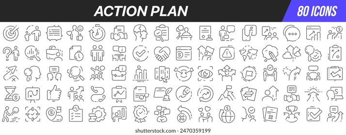 Colección de iconos de línea de Plan de acción. Icono de interfaz de usuario grande en un diseño plano. Paquete de iconos de contorno fino. Ilustración vectorial EPS10