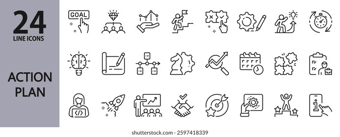Action Plan line icons set with Strategy, Growth, Business, Goal, Meeting, Success, Teamwork, Management, Career, Planning and more. Editable Stroke