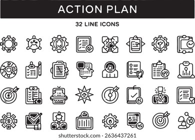 Symbolsatz für Aktionsplanzeile - 32 Vektorsymbole für Strategie, Planung und Produktivität
