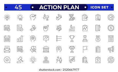 Action plan outline icon set. Containing planning, schedule, strategy, analysis, tasks, goal, collaboration, startup, steps, target and objective icons. Outline icon collection.
