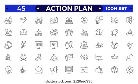 Action plan outline icon set. Containing planning, schedule, strategy, analysis, tasks, goal, collaboration, startup, steps, target and objective icons. Outline icon collection.
