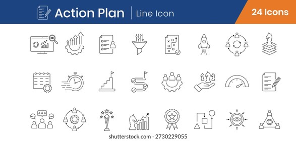 Conjunto de iconos de esquema de Plan de acción de 24. Estrategia, Lista de comprobación, Objetivos, Flujo de trabajo, Línea de tiempo, Vector lineal
