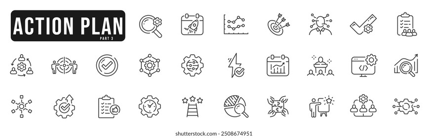 Action plan related line icons set 3. Strategy, plan, action, target, goal etc. Editable stroke