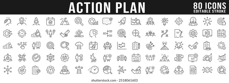 Action plan related line icons big set. Strategy, plan, action, target, goal etc. Editable stroke