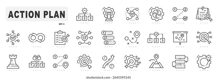 Action plan related line icons. Strategy, project, process etc. Editable stroke