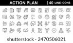 Action plan set of web icons in line style. Strategy action planning icons for web and mobile app. Containing strategy, analysis, planning, strategy, analysis, tasks, goal, implementation and more